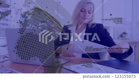 Image of financial data processing over caucasian businesswoman using laptop in office Image of financial data processing over caucasian businesswoman using laptop in office 123155073
