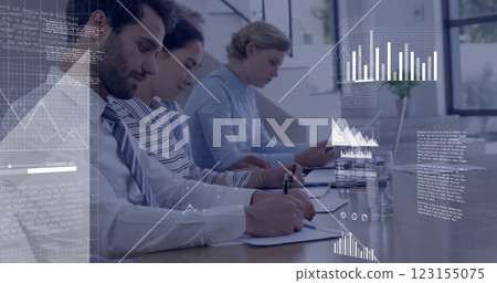 Image of financial data processing over diverse colleagues working in office 123155075