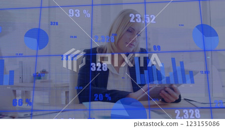 Image of financial data processing over caucasian businesswoman using tablet in office 123155086