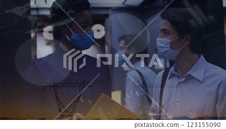 Image of financial data processing and pylons over diverse doctors 123155090