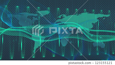 Image of light trails and data processing over world map on green background 123155121