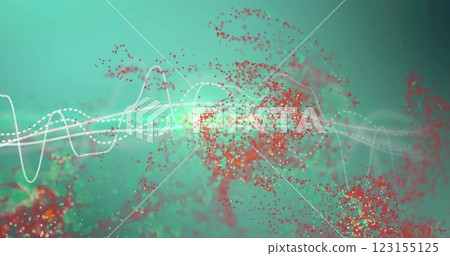 Image of light trails and data processing on green background 123155125