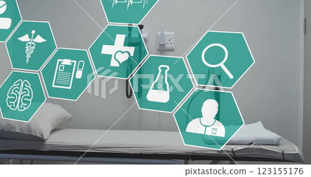 Image of network of medical icons over hospital bed 123155176