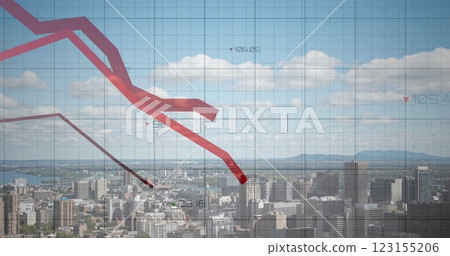 Image of graphs processing data over cloudy sky and cityscape 123155206