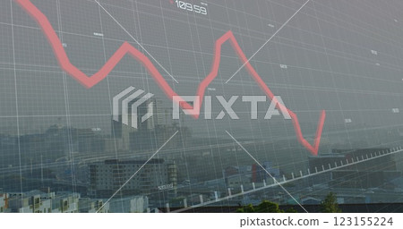 Image of red graphs processing data over misty cityscape 123155224