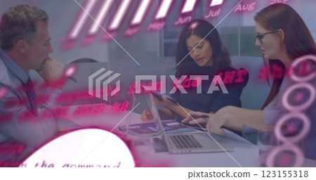 Image of financial data processing over diverse business people in office Image of financial data processing over diverse business people in office 123155318
