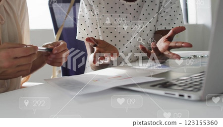 Image of data processing over diverse business people talking in office 123155360