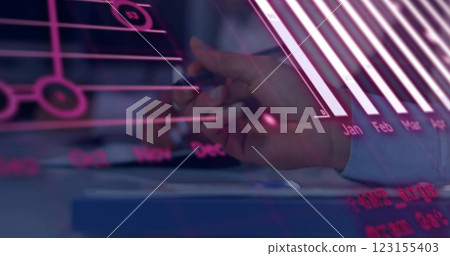 Image of financial data processing over diverse businesspeople writing 123155403