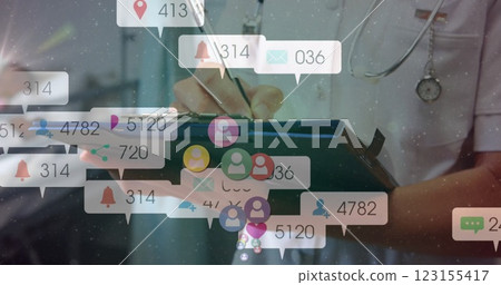 Image of social media icons with numbers over caucasian female doctor Image of social media icons with numbers over caucasian female doctor 123155417