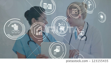 Image of business icons over diverse female doctor Image of business icons over diverse female doctor 123155435
