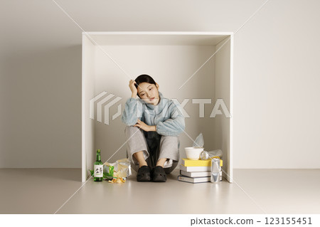 A student stacking books in a box and drinking soju A student stacking books in a box and drinking soju 123155451
