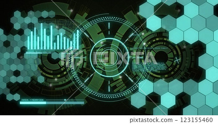Futuristic data visualization and analysis image with graphs and hexagonal shapes 123155460