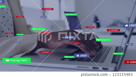 Image of text and digital data processing over african american woman using laptop 123155463