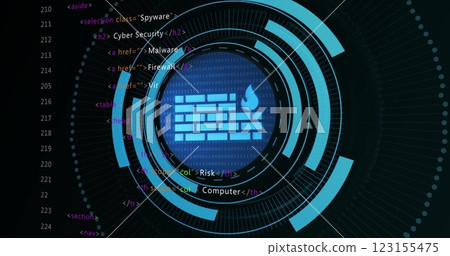 Firewall and cybersecurity image over binary code and digital interface 123155475