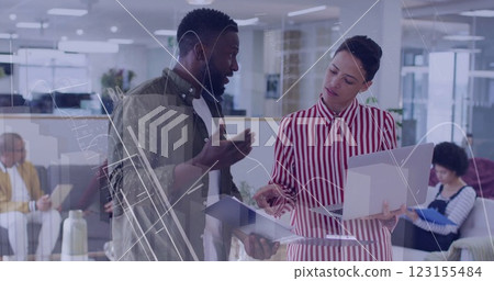 Image of financial data processing over diverse business people in office 123155484