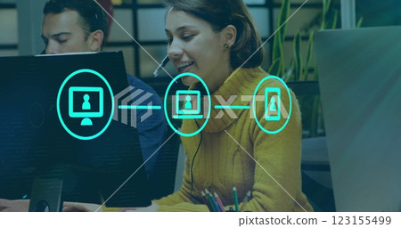 Image of connections with icons over diverse business people using phone headsets 123155499