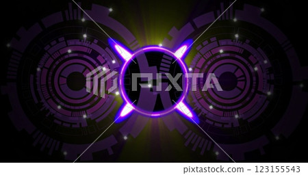 Futuristic image with glowing purple circular patterns and Fi text in center 123155543