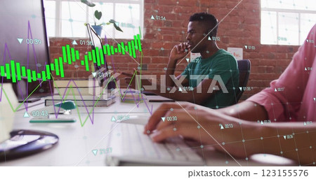 Image of diagrams over diverse colleagues using phone headsets in office 123155576