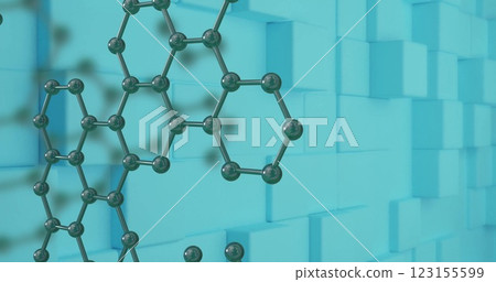 Molecular structure image over blue geometric blocks background 123155599