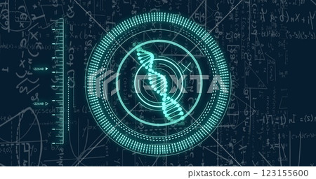 Image of data processing and dna strand over mathematical equations 123155600