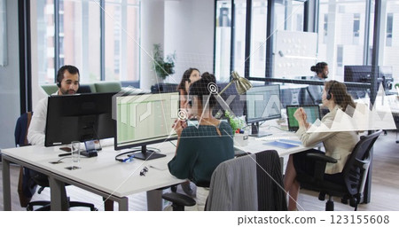 Image of diagrams and data processing over diverse colleagues using phone headsets in office 123155608