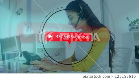 Image of connections with icons over caucasian businesswoman using phone headset 123155610