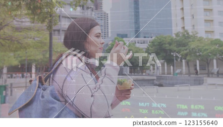 Image of diagrams and data processing over caucasian woman walking and eating in city 123155640
