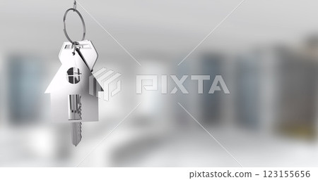 House-shaped keychain image over blurred modern interior background House-shaped keychain image over blurred modern interior background 123155656