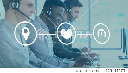 Image of network of icons over diverse business people with phone headsets Image of network of icons over diverse business people with phone headsets 123155675