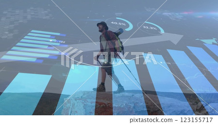 Image of financial data processing over caucasian man hiking in mountains Image of financial data processing over caucasian man hiking in mountains 123155717