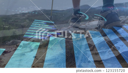 Image of financial data processing over caucasian man hiking in mountains Image of financial data processing over caucasian man hiking in mountains 123155720