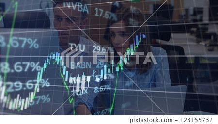 Image of data processing and diagrams over caucasian business people discussing work 123155732