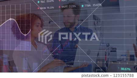 Image of data processing and diagrams over diverse business people discussing work 123155788