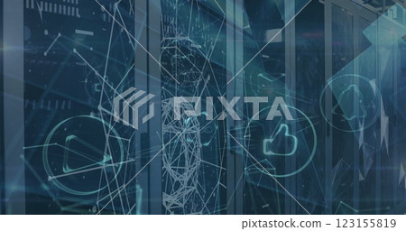 Image of network of connections with social media icons over server room 123155819