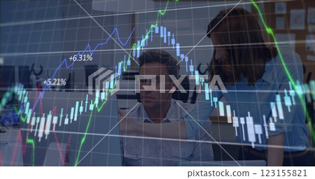 Image of data processing and diagrams over caucasian business people discussing work 123155821