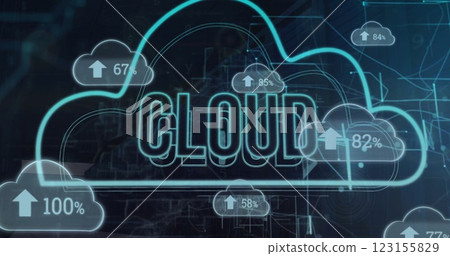 Image of cloud icons with data processing over cloud text with connections on black background 123155829