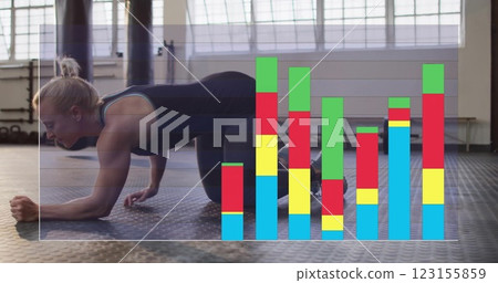 Image of diagrams over caucasian woman exercising at gym Image of diagrams over caucasian woman exercising at gym 123155859