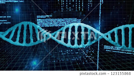 Image of dna strand, data processing over scope scanning on black background Image of dna strand, data processing over scope scanning on black background 123155868