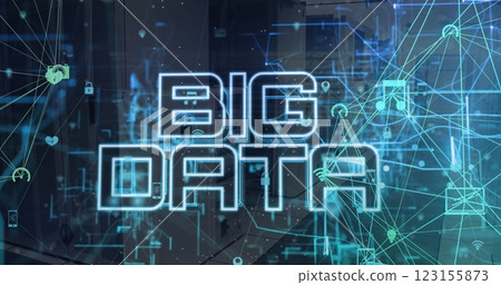 Image of network of connections with icons and big data text over server room 123155873