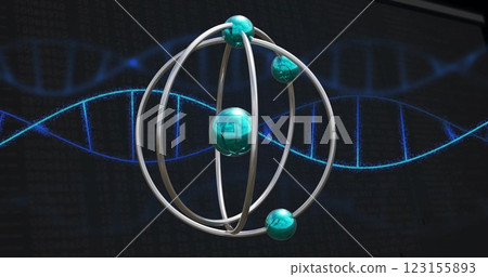 Image of molecules over dna strand on black background 123155893