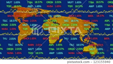 Stock market data and ticker symbols over world map image Stock market data and ticker symbols over world map image 123155940