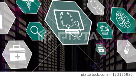 Image of medical icons and data processing over computer servers Image of medical icons and data processing over computer servers 123155983