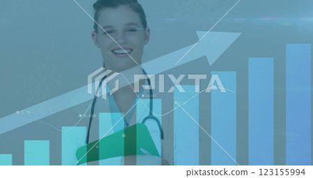 Doctor writing on clipboard, medical data and growth chart image 123155994