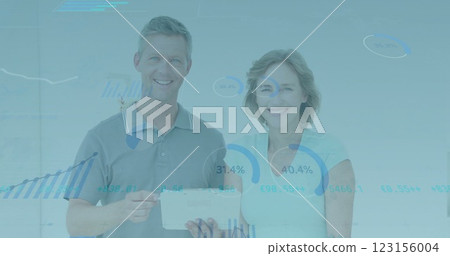 Analyzing financial data on tablet, business people over stock market charts and graphs image 123156004