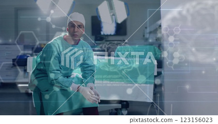 Image of data processing with molecules and brains over caucasian male surgeon in hospital 123156023