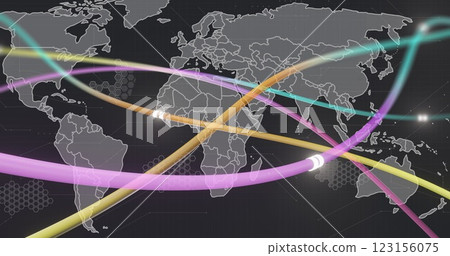 Colorful data streams image over world map with network connections 123156075