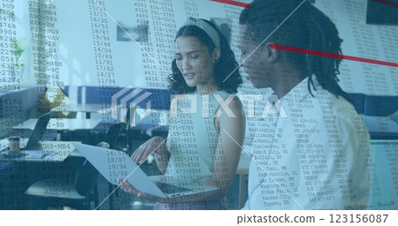 Financial data processing image over diverse business people discussing in office Financial data processing image over diverse business people discussing in office 123156087