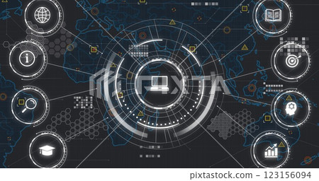 Digital network and data processing image over world map background Digital network and data processing image over world map background 123156094