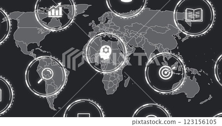 Icons representing various business concepts over world map image 123156105