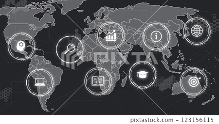 Icons representing various industries and services over world map image Icons representing various industries and services over world map image 123156115